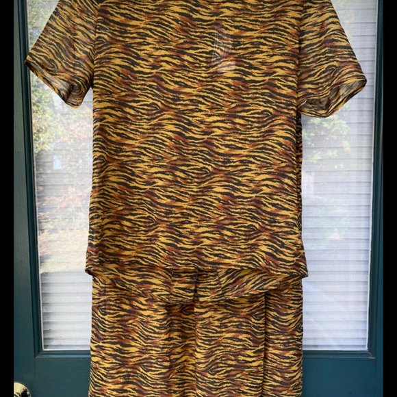 Vintage Carlisle Blouse & Skirt Set Chiffon Top Midi with Slit Leopard Animal S - Picture 3 of 9